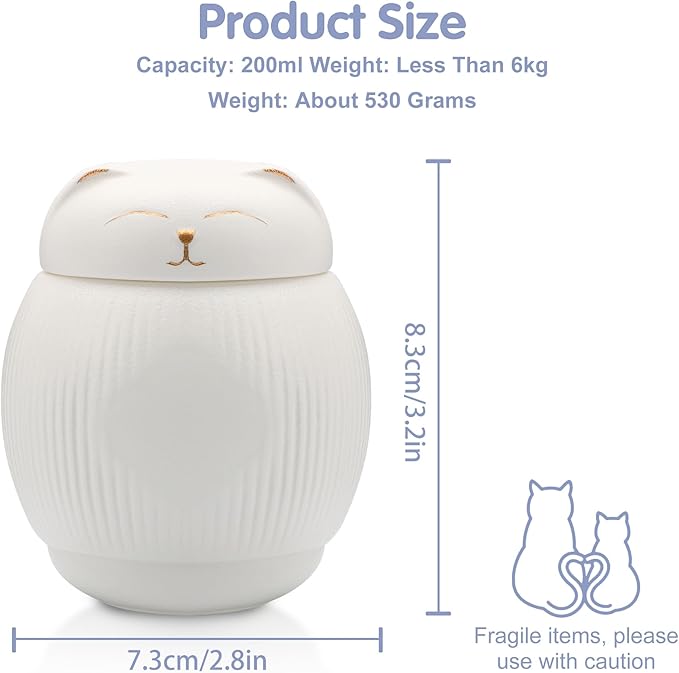 Ceramic Cat Urn for Ashes - Pet Memorial Box with Secure Lid, Cremation Keepsake for Cats (15 lbs)（White）
