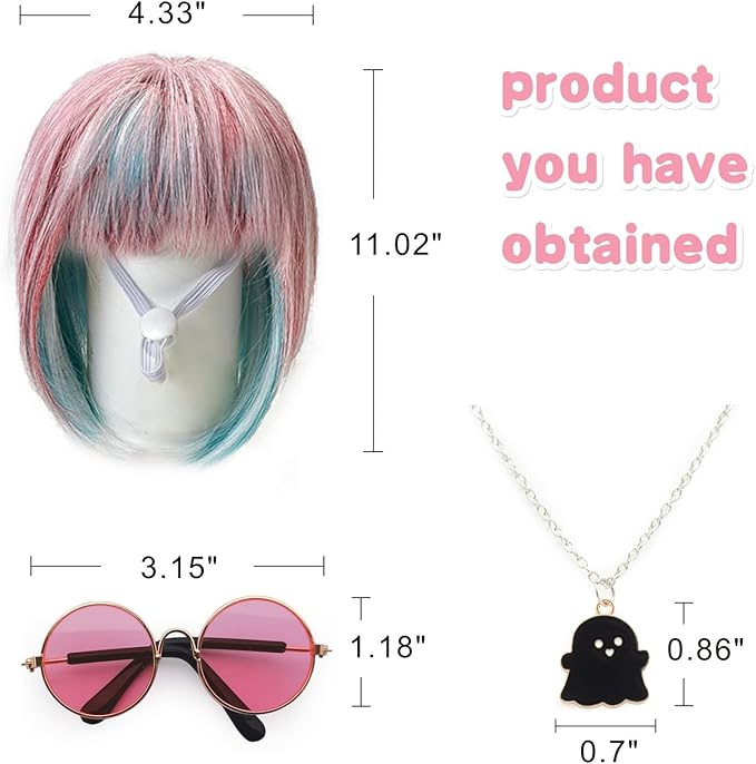Idepet Cat Wig, Pet Wig for Dogs & Cats Adjustable Fit, Mixed Blue & Pink Wigs for Cat Halloween Cosplay Party