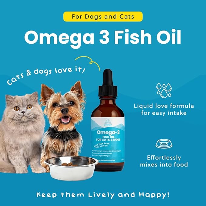 Paramount Pet Health Wild-Caught Omega 3 Fish Oil for Dogs & Cats, Liquid EPA DHA Supplement for Skin, Coat, Joints & Heart, Low-Odor Omega 3 Drops for Small Dog Breeds & Cats with Itchy Skin, 2 oz