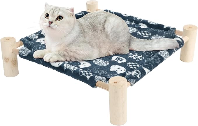 Patas Lague Cat and Dog Hammock Bed for Small Dogs, Flannel Fleece Wooden Cat Pet Rabbit Elevated Bed Cots Furniture for All Seasons Blue