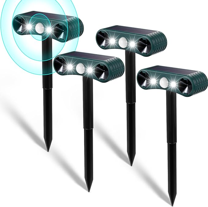 Qualirey 4 Pcs Solar Nocturnal Ultrasonic Light Animal Repeller Outdoor Deterrent with Pir Sensor Waterproof Deterrent Deer Repellent Devices to Repel Cat, Dog, Rabbit, Raccoon, Fox for Yard Garden