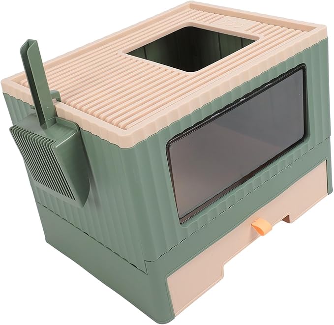 Cat Litter Box, Enclosed Cat Litter Boxes Foldable Toilet Box Potty with Front Door and Scoop Top Entry for Adult Kitten, 17.7x13.4x13.2in (Green)