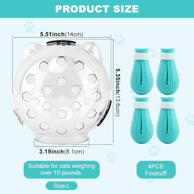 Breathable Cat Muzzle with Anti-Scratch Silicone Boots, Adjustable Transparent Helmet & Grip Socks for Grooming, Vet Visits, and Nail Trimming(Size:L)