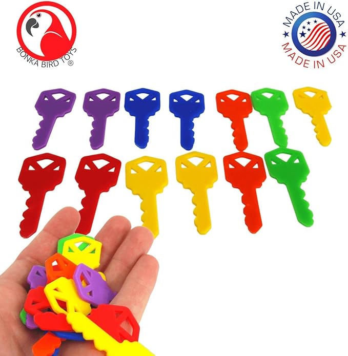 Bonka Bird Toys 2290 Pk12 Plastic Keys for Birds, Non-Toxic Chewable Plastic, Colorful Toy Pack for Parrots, Cockatiels, Budgies, and Small to Medium-Sized Birds, 6 Vibrant Colors