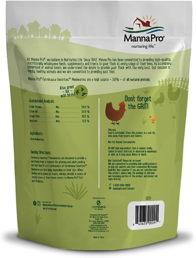 Manna Pro Farmhouse Favorites Mealworms Poultry Treat - Protein Treat for Poultry - Chickens, Turkeys, Ducks, Geese, and Guinea Fowl Treat - Contains 50% Protein - 100% Natural Poultry Snack - 2lbs