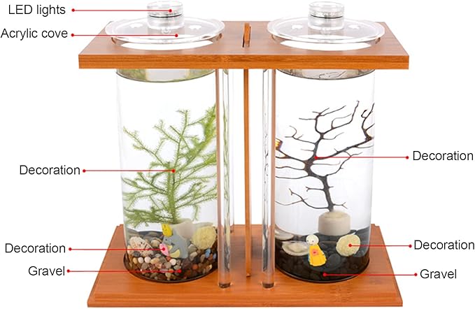 Dual Chamber Bamboo Desktop Aquarium - Mini Betta Fish Tank with LED Light, 360° View Glass Tanks for Goldfish or Small Fish, Home Office Decor