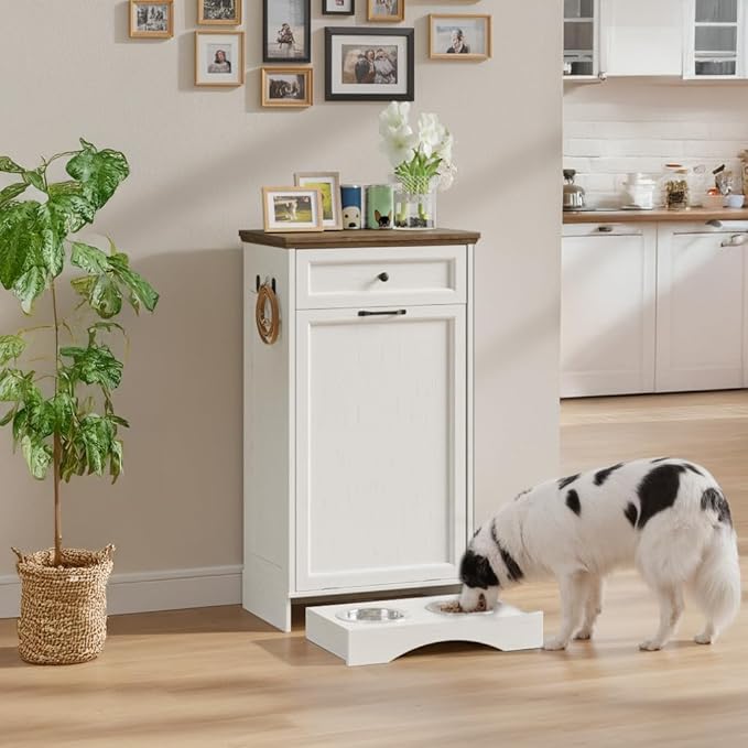 FIMELLO Dog Feeding Station, Tilt-Out Dog Food Storage Cabinet with Drawer,Pet Feeder Cabinet,White Grain