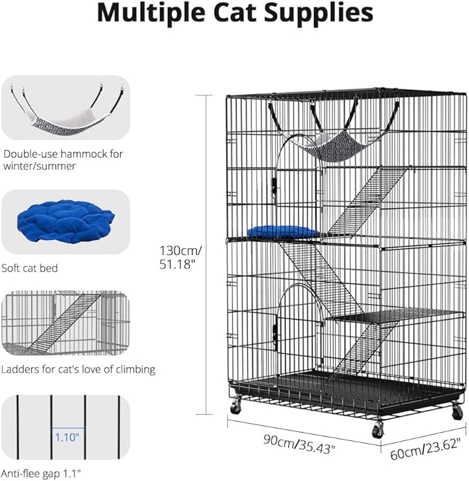 PawGiant 4-Tier Large Cat Cage Playpen, 51-inch Indoor/Outdoor Enclosure with 2 Doors, Hammock, Suitable for Cats, Kittens, and Small Animals