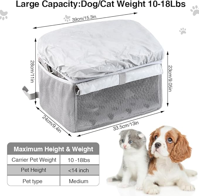 Dog Bike Basket, Pet Bicycle Carrier, Dog Car Seat with Safety Rope, Adjustable Shoulder Strap Portable Breathable Bicycle Basket Bag for Dogs and Cats Up to 15lbs