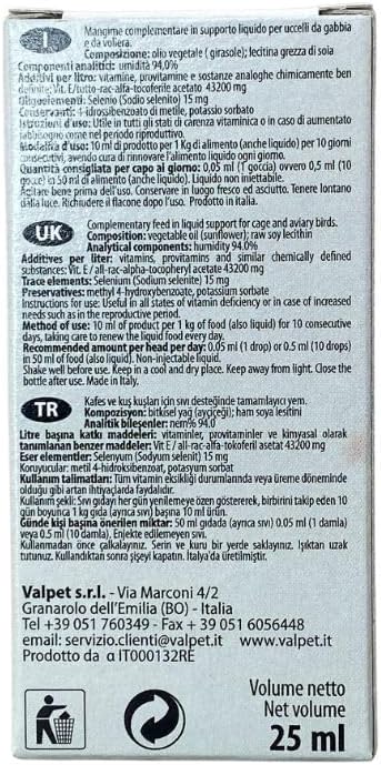 Raff Liquid Vitamin E Supplement for Bird 25ml - Sunflower Oils and Fats, Raw Soy Lecithin, Vitamin for Birds, Accessories for Pigeons, for Canary Food, Fertility for Birds, Finch, Breeding Bird