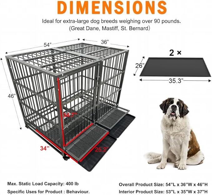 54 inch Heavy Duty Indestructible and Escape-Proof Dog Crate Cage Kennel for Large Dogs, High Anxiety Dog Crate with Removable Wire Trays and Wheels, Extra Large XL XXL, Black