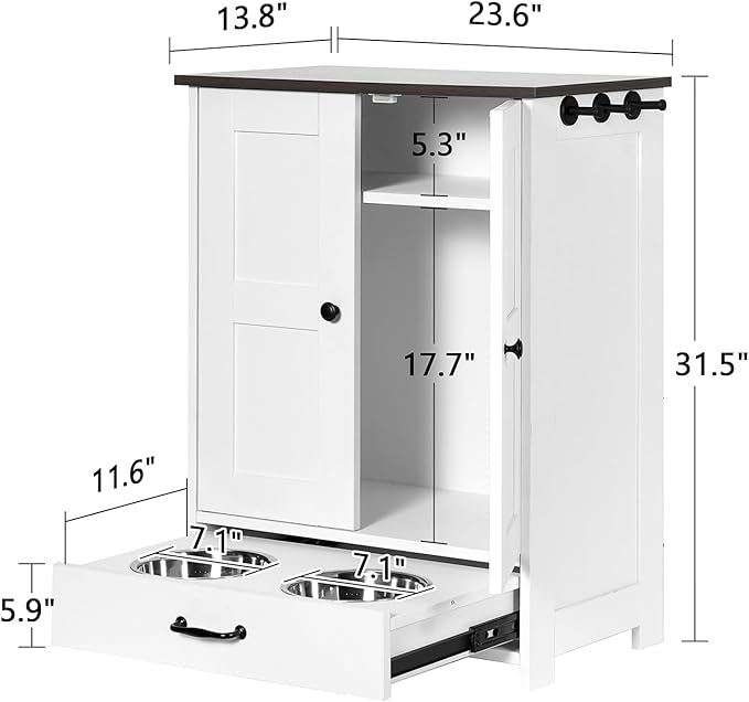 Pet Feeding Station, Dog Feeding Station, Dog Food Storage Cabinet, Pet Food Toy Organiser with 2 Elevated Bowls and Hook for Feeding and Drinking, White