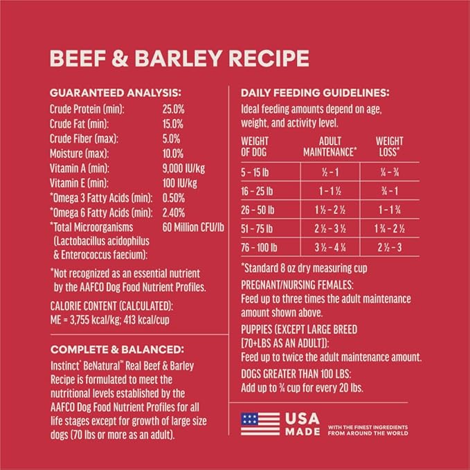 Instinct BeNatural, Natural Dry Dog Food, Raw Coated Kibble, Whole Grain - Real Beef & Barley, 4.5 lb. Bag
