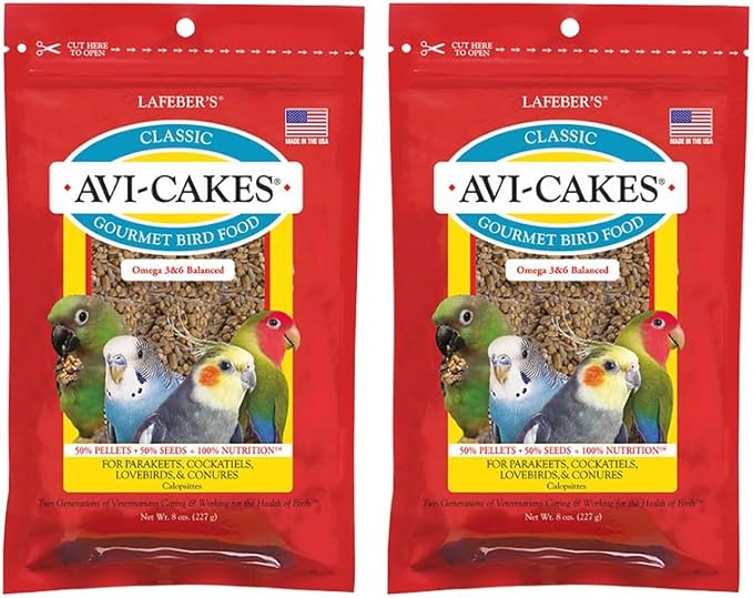 LAFEBER'S Classic Avi-Cakes Pet Bird Food, Made with Non-GMO and Human-Grade Ingredients, for Cockatiels Conures Parakeets (Budgies) Lovebirds (8 oz Pack of 2)