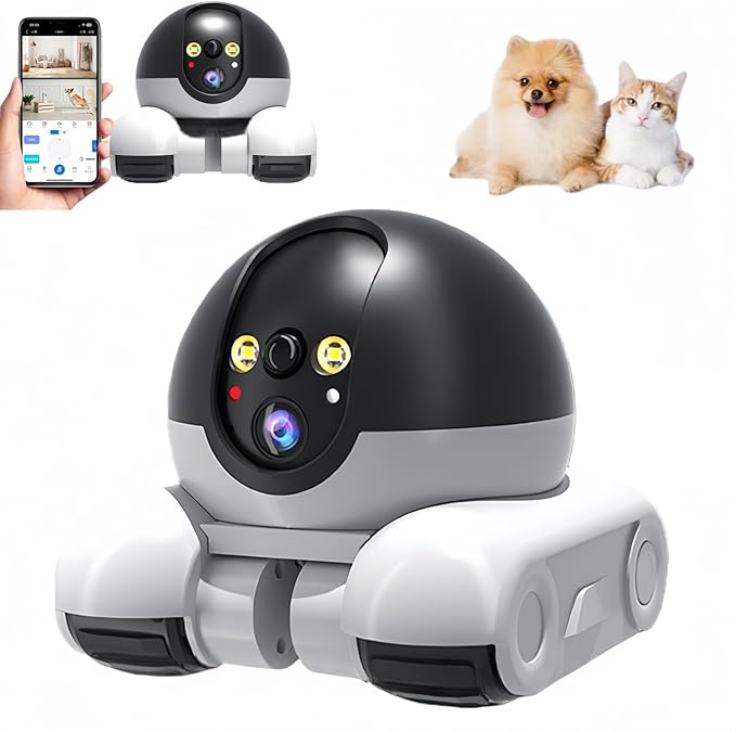Pomya Home Camera Robot on Wheels, 1080P Double Lens Movable Pet Camera, App Remote Control, One Key Following Shots, Two Way Talking for Family Use