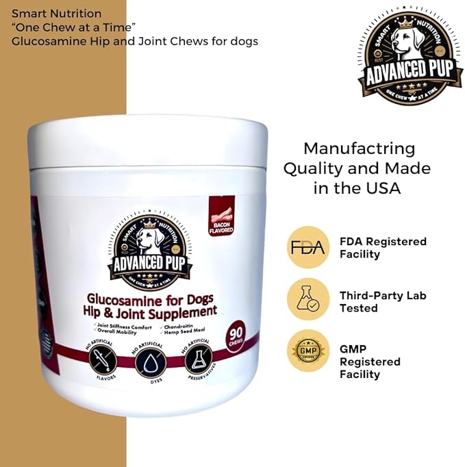Hip and Joint Supplement - Natural Glucosamine Chondroitin MSM & Turmeric for Dogs - Dog Hip & Joint Care to Heal Dog Joint Stiffness & Inflammation - Tasty Bacon 90CT