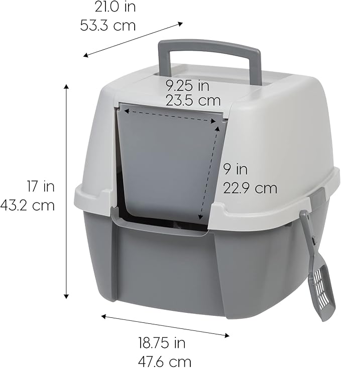 IRIS USA Large Cat Litter Box with Front Door Flap, Covered Enclosed Litter Box Enclosure with Scoop, Handle & Buckles for Portability & Privacy, Hidden Litter Pan, Gray