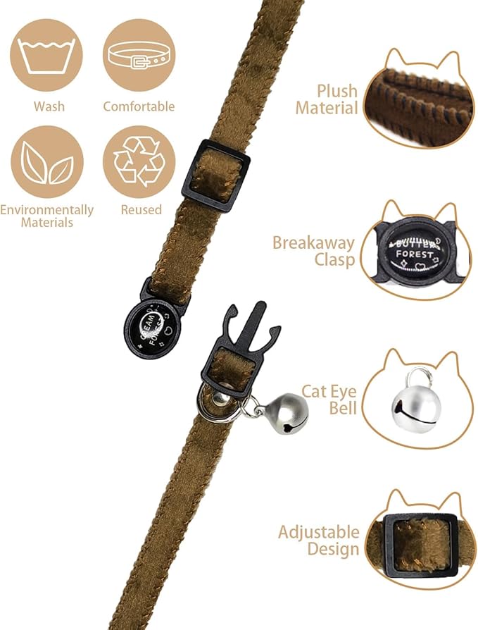 Furry Breakaway Cat Collar with Bell, Adjustable 7.87"-11.78" Kitten Collar, Suitable for All Types of Cats and Small Dogs (M, Brown)
