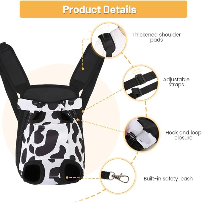 Inspack Dog Backpack Carrier/Cat Carrier, Adjustable Pet Front Carriers Travel Bag for Puppy Medium Dogs, Legs Out, Soft Ventilated Dog Chest Carry Backpacks for Hiking/Camping, 10-16 lbs, Cow Print