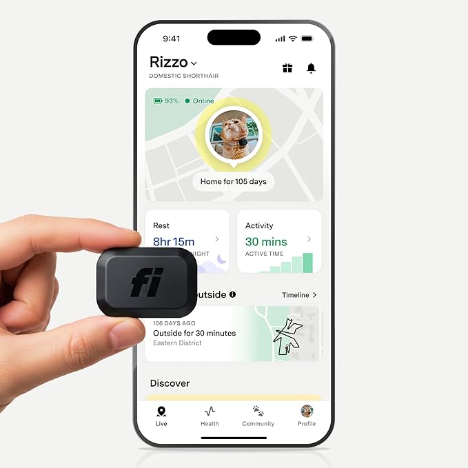 Fi Mini GPS Tracker for Cats — Lightweight Collar Attachment, Virtual Fences, Escape Alerts, Step & Health Tracking, Waterproof Cat Tracker — 6-Month Membership Included