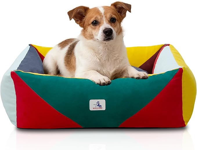 Washable Rectangle Dog Bed with Removable Cover, Color-Block Gingham Cotton Pet Sofa, Breathable Scratch Resistant Dog Bed, Medium
