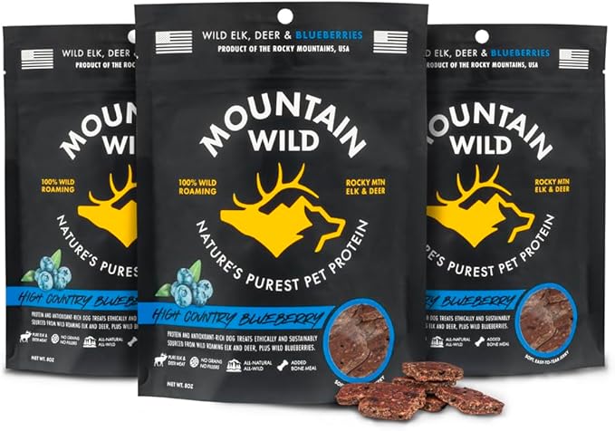 High Country Wild Blueberry Elk & Venison Multipurpose Dog Treats - Natural Grain-Free Puppy & Dog Snacks - Protein for Training & Reward - No Fillers, No Artificial Preservatives, 8oz 3 Packs