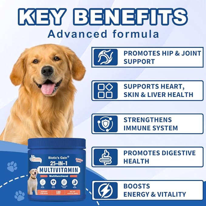 Biotic’s Gain 25-in-1 Multivitamin for Dogs | Chicken Flavour Soft Chews | Supports Skin, Heart, Hip & Joint and Gut Health | Daily Nutrient Boost for All Breeds (25 in 1 Multivitamins)