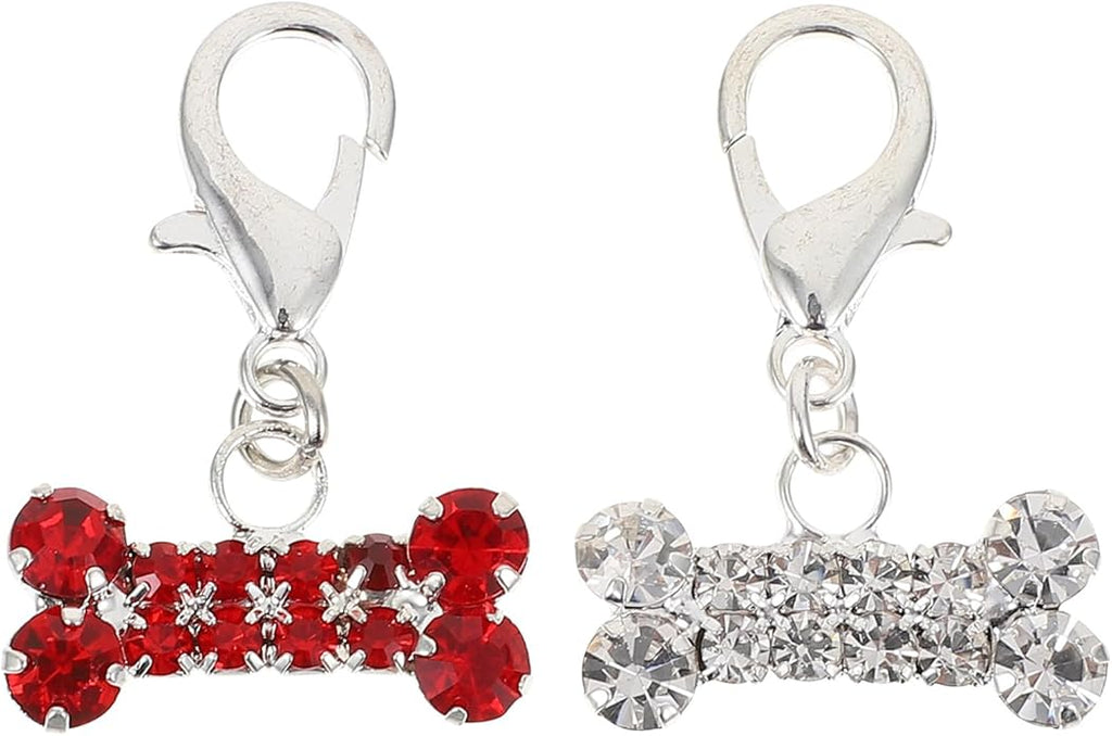2Pcs Rhinestone Bone Collar Hanging Pendants Shiny Dog and Cat Collar Charms for Dogs and Cats Red and White Colors