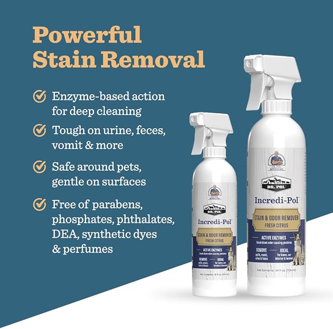 Dr. Pol Incredi-Pol Stain & Odor Remover | Eliminates Dirt, Urine | Safe and Effective Around Pets & Their Favorite Spots | Trigger Spray for Easy Use | 16 oz | Fresh Citrus