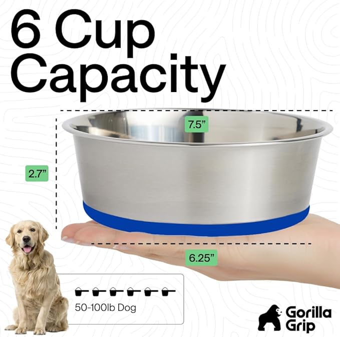 GORILLA GRIP Dog Bowls, Heavy Duty 304 Stainless Steel, Holds 6 Cups Each (48 fl oz) Food and Water Bowl for Feeding Dogs and Cats, Dishwasher Safe, Rust Resistant, BPA Free Rubber Base Set of 2 Blue