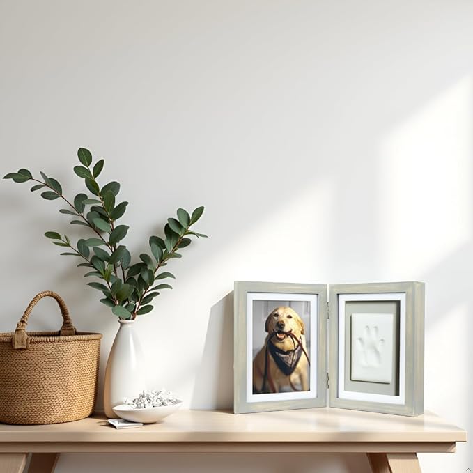 Pearhead Pet Paw Print Photo Frame with Clay Imprint Kit - Wooden Photo Frame, DIY No-Mess Pawprint Keepsake, Perfect for Cats & Dogs, Ideal Memorial and Home Decor Gift, Distressed Gray