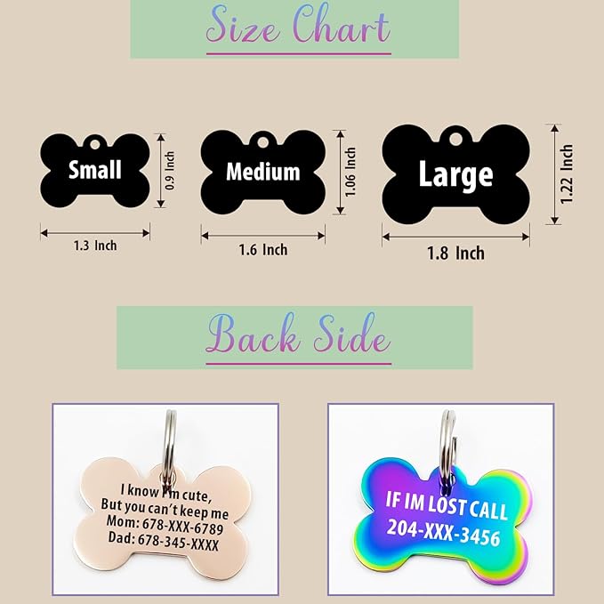 Personalized Pet ID Tags, Customizable Hexagon, Bone and Round Shapes, Multiple Designs with Mountain, Floral, and Night Sky Patterns, Stainless Steel Dog and Cat Tags (Bone)
