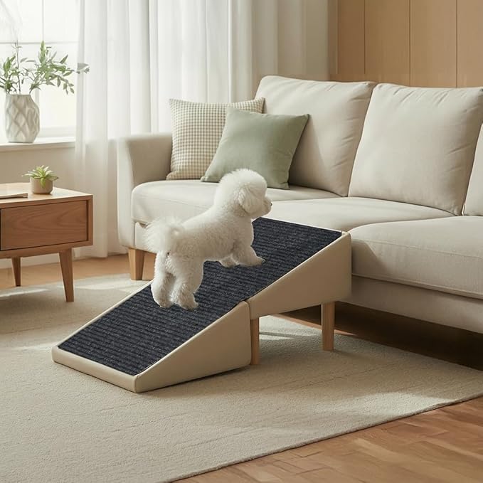 Split Ottoman Dog Ramp Flip - Foldable Dog Ramp Ottoman Stool for Bed & Couch, Indoor Orthopedic Pet Ramp with Wooden Base Support for Small & Medium Dogs, Dachshund & Puppy Safety Ramp, Gray