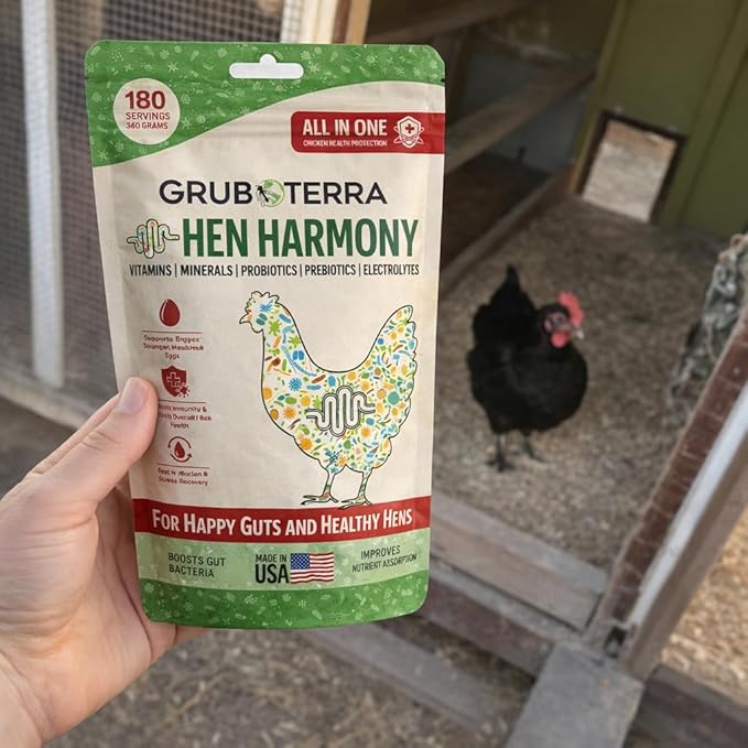 GrubTerra Hen Harmony – All-in-One Chicken Electrolytes for Water with Probiotics & Prebiotics, Daily Gut Supplement and Vitamins Supporting Hydration, Digestion, Egg Production – 180 Servings
