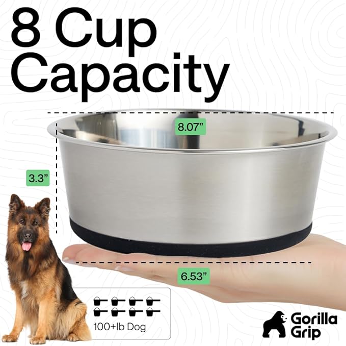 GORILLA GRIP Dog Bowls, Heavy Duty 304 Stainless Steel, Holds 8 Cups Each (64 fl oz) Food and Water Bowl for Feeding Dogs and Cats, Dishwasher Safe, Rust Resistant, BPA Free Rubber Base Set of 2 Black