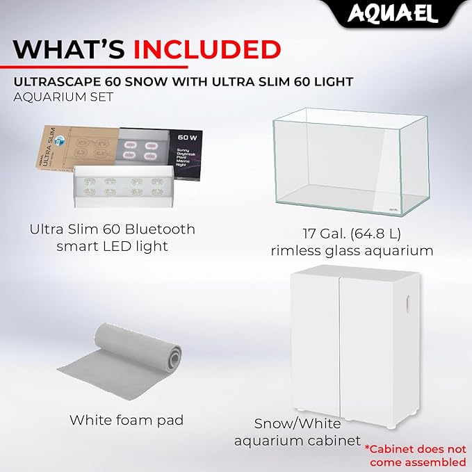Aquael Ultrascape 60 Set - Rimless Glass Fish Aquarium Kit with Ultra Slim Light - Fish Tank with Aquarium Stand & Foam Pad (Ultrascape 60 Snow W/Ultra Slim)