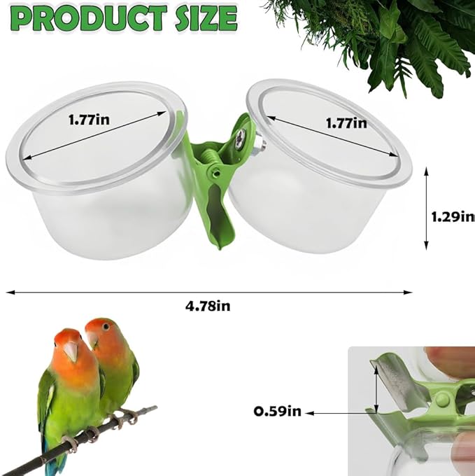 2 Pack Bird Feeding Cup Plastic Feeder with Clamp Holder for Small Size Birds Parakeet African Greys Conure Cockatiels Budgies Chinchilla