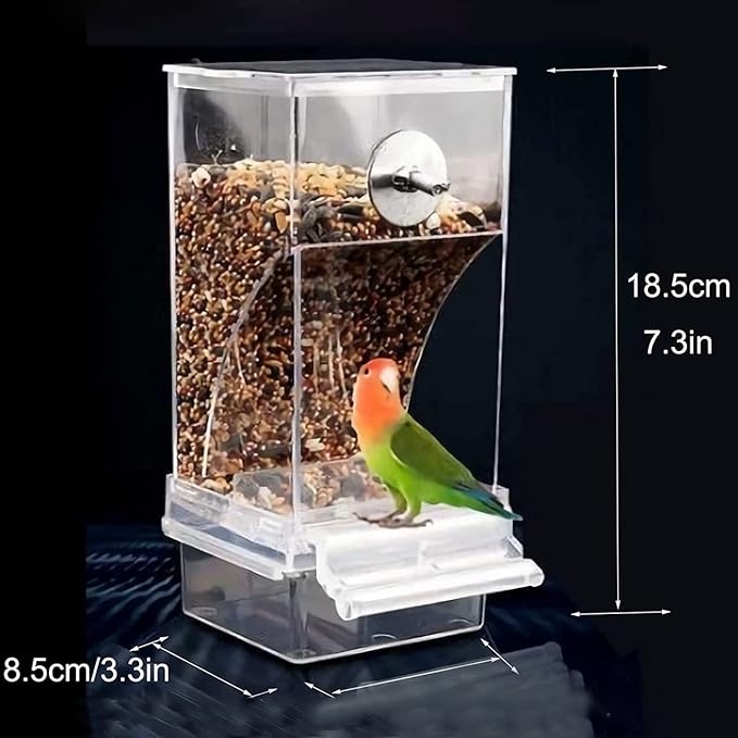 Automatic No-Mess Bird Feeder - Transparent Acrylic Food Container for Small & Medium Lovebirds, Parakeets, Canary, Cockatiel, Finch