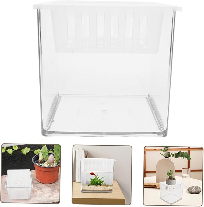 BESTonZON Clear Plastic Fish Breeding Box Hydroponic Aquarium Planter with Plant Basket Versatile Desktop Tank for Betta Fish Guppies and Aquatic Decor Home Office Settings