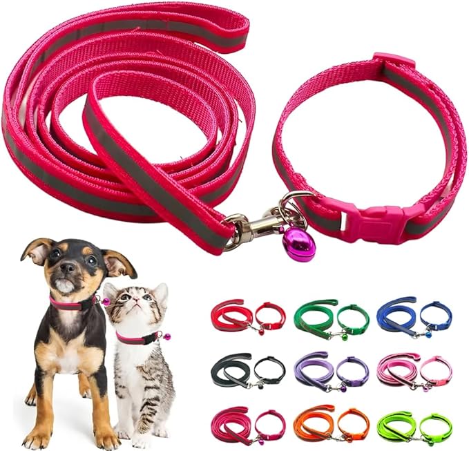 Reflective Puppy Collar and Leash Sets, XS Dog Collar and Leash Adjustable Quick Release Kitten Collar with Bell for Tiny Little XXS Extra Small Breed Pets Dogs Cats Girls Female, Hot Pink