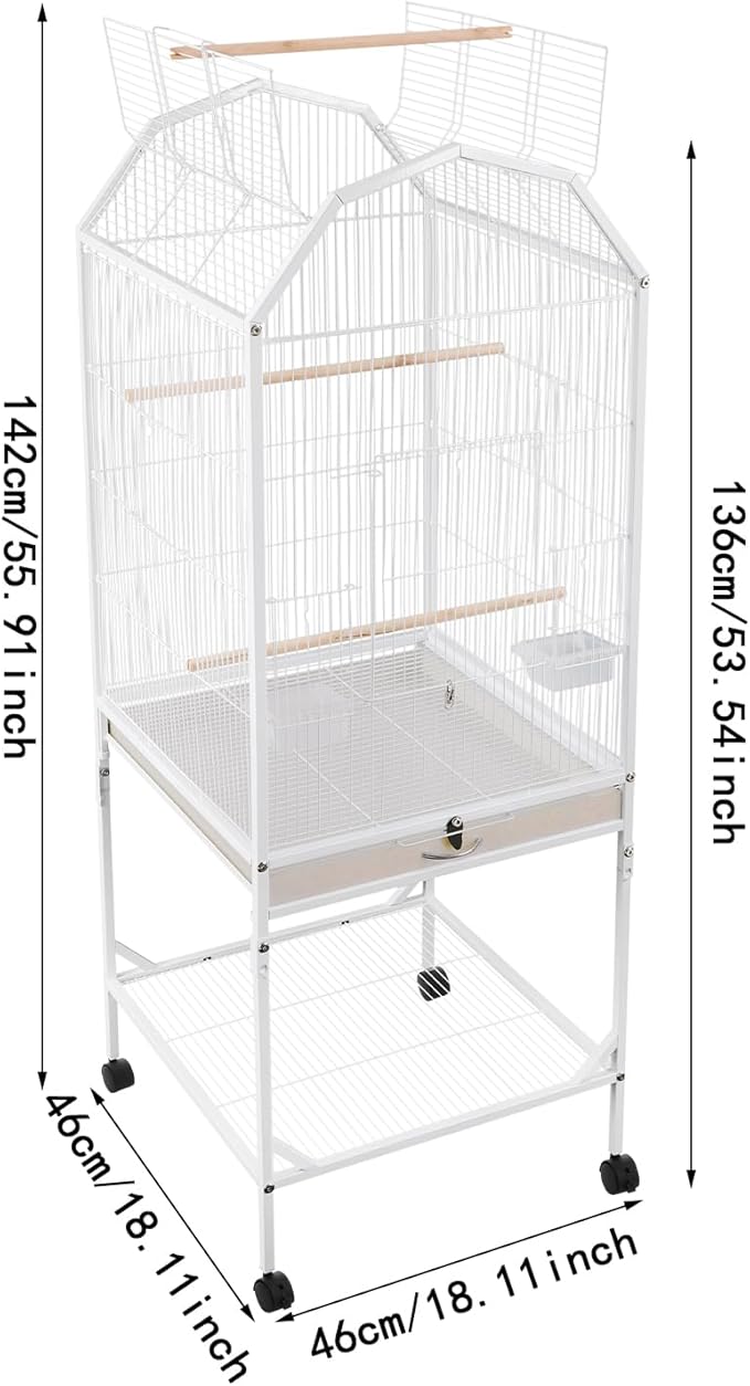 Large 46" Rolling Bird Cage for Mid-Sized Parrots with Detachable Stand, 4 Universal Wheels & Removable Tray, Iron Birdcage for Cockatiels, Parakeets, Finches (White)
