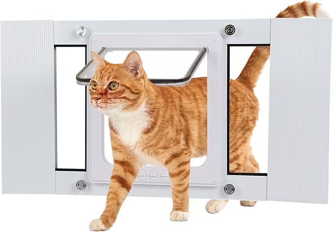 Cat Door for Window, Adjustable Width Fits 23"-28", Quick-Fit Cat Door Window Insert, Aluminum Frame with Tight Seal & Magnetic Closure, 4 Locking Modes for Pet Access Control