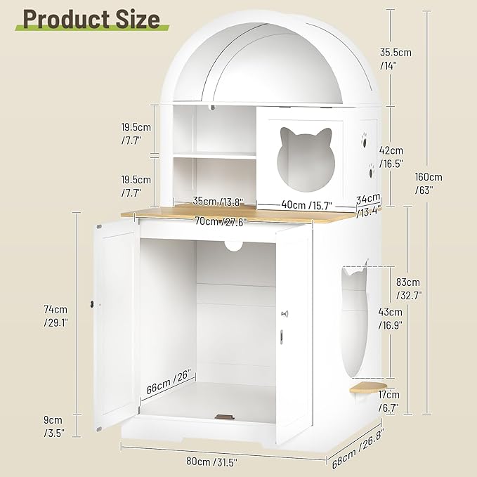 63" Large Cat Litter Box Enclosure Furniture, Arched Hidden Litter Box Cabinet with 3 Storage Shelves and Ventilation Holes, Wooden Cat House with Flip-Up Door, White and Natural