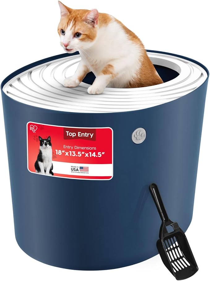 IRIS USA Large Top Entry Cat Litter Box with Lid Enclosed Covered Hooded Design Litter Catching Scatter Shield Pan Dog Proof Pet Proof Scoop Included Odor Control for Indoor Cats Kittens, Navy/White