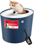 IRIS USA Large Top Entry Cat Litter Box with Lid Enclosed Covered Hooded Design Litter Catching Scatter Shield Pan Dog Proof Pet Proof Scoop Included Odor Control for Indoor Cats Kittens, Navy/White