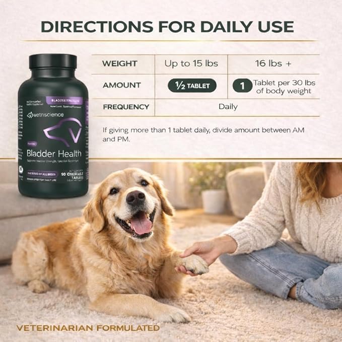 VetriScience Bladder Health Chewable Tablets, Bladder Strength Urinary Tract Supplement for Dogs, Reduce Urine Leakage and Overactive Bladder, With Soy Protein and Saw Palmetto, Smoke, 90 Count