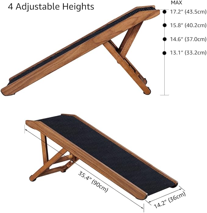 beeNbkks Pet Ramp for Small Dogs Cats, Foldable Wooden Dog Ramp with Safe Landing Platform and Non-Slip Traction Rubber Mat, 4 Adjustable Heights, for Elderly Injured Pet to Reach Couch Sofa High Bed
