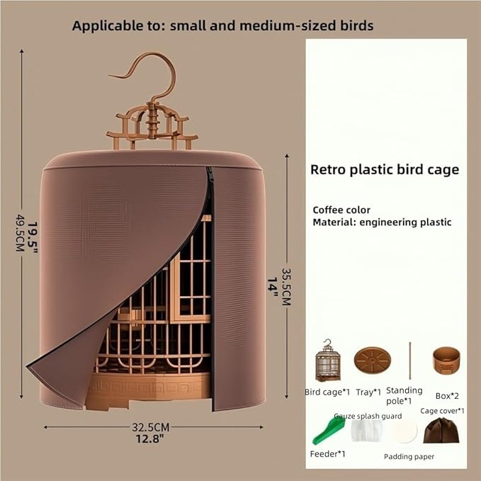 Retro Bird Cage, Parrot Carrier with Hook and Stand, Portable Birds Carrier for Balcony, Living Room, or Outdoor