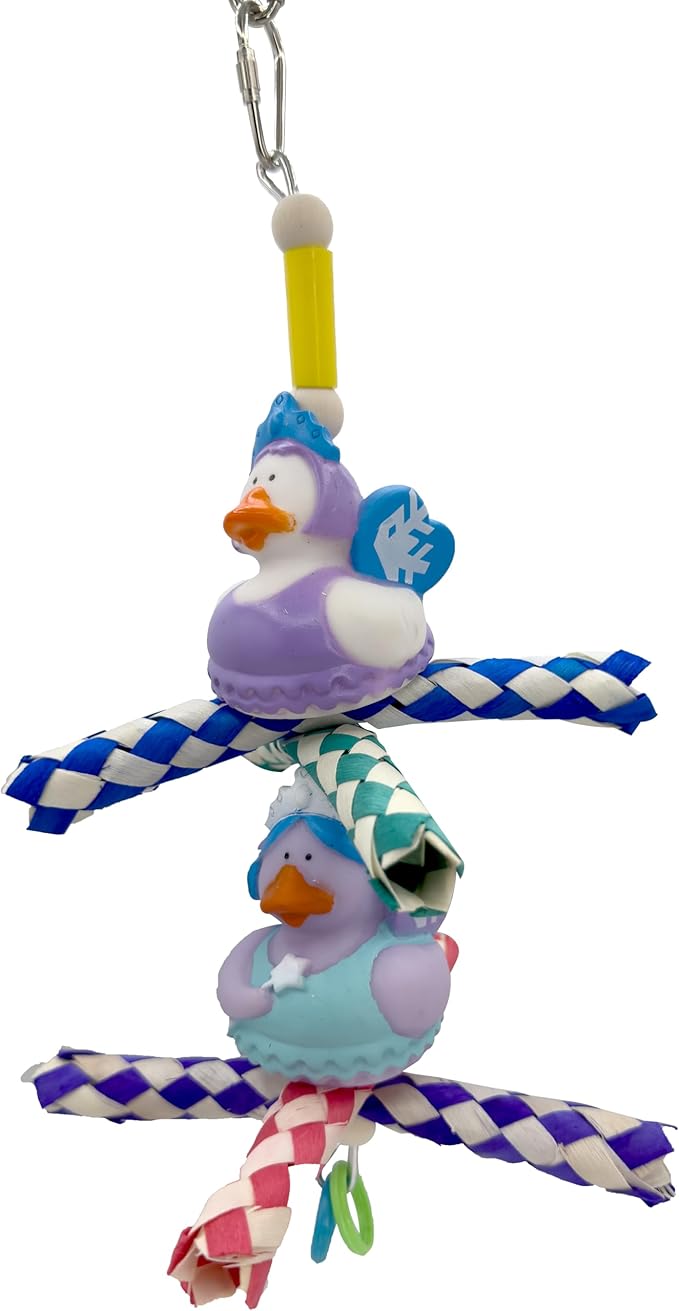 951 Double Duck Trap Bird Toy 9" - Handmade Foraging Bamboo Finger Traps & Rubber Ducks - Shredding & Chewing Cage Accessory for Conure, Parakeet, Lovebird & Cockatiel - Interactive Enrichment