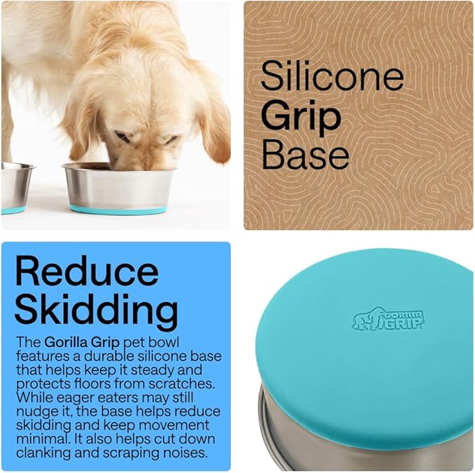 GORILLA GRIP Set of 2 Dog Bowls, Holds 6 Cups (48 fl oz), Heavy Duty Metal Food and Water Bowl for Feeding Dogs and Cats, Dishwasher Safe Rust Resistant Stainless Steel, BPA Free Rubber Base Turquoise